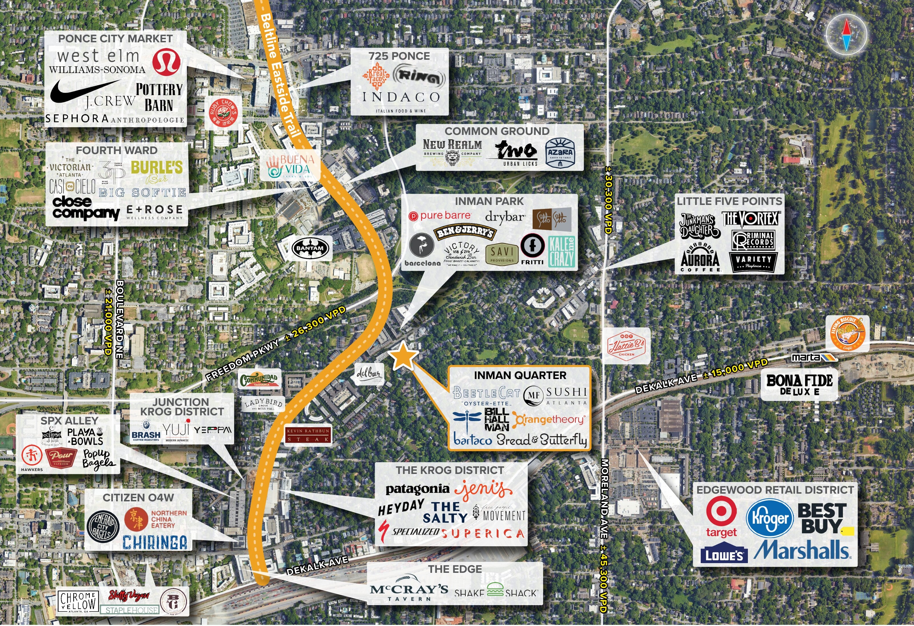 Aerial trade-area map showing Inman Quarter and surrounding retail