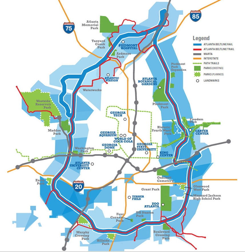 Atlanta Beltline map showing rail, trail, parks and landmarks around Inman Park