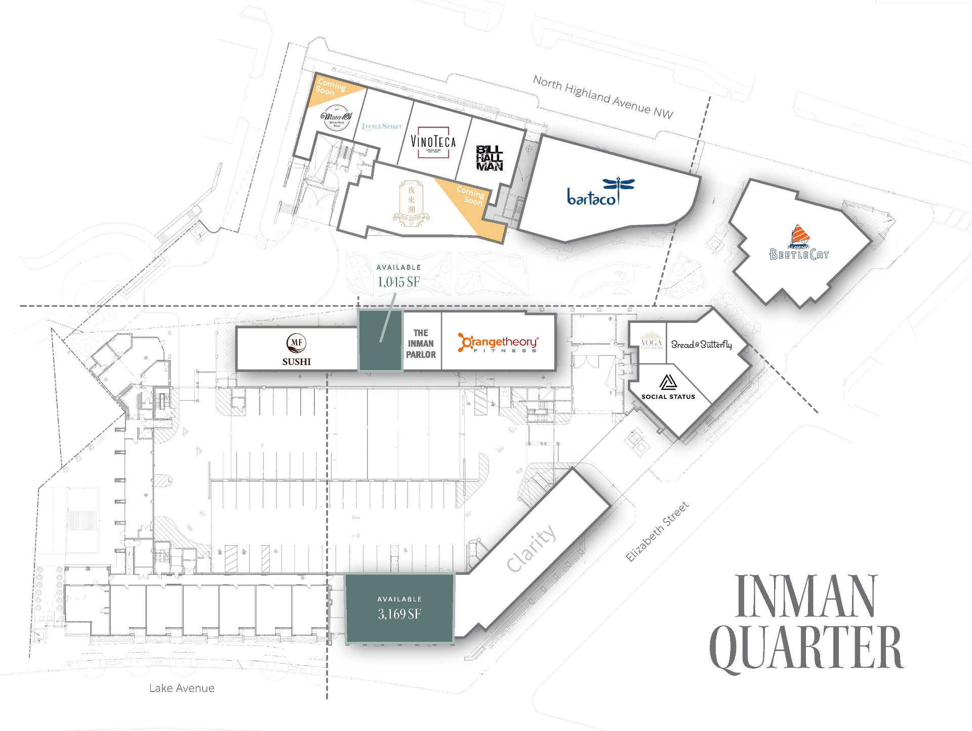 Inman Quarter site plan with available spaces highlighted