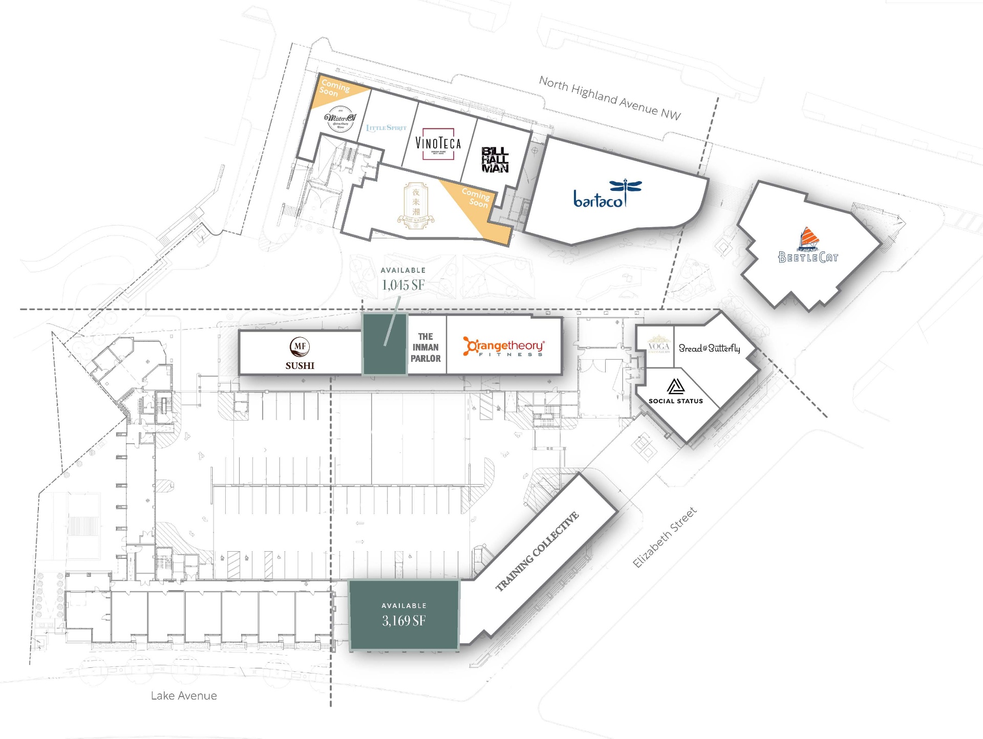 Inman Quarter site plan with available spaces highlighted