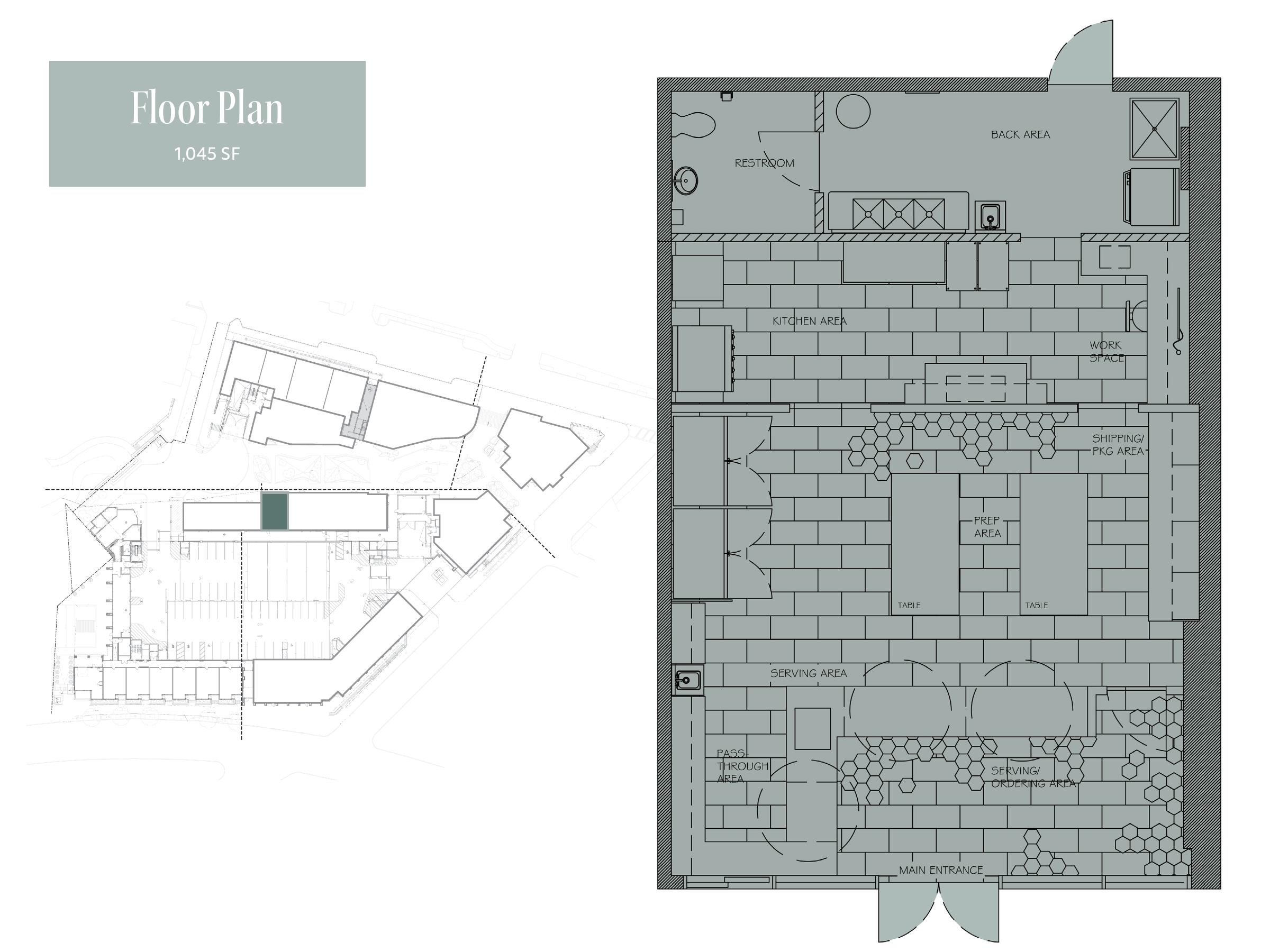 Floor plan for the 1,045 SF café space showing kitchen, prep, serving and entry